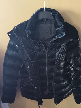 Dawn Levy Shiny Black Quilted Stand-Collar Puffer